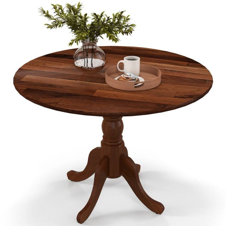 Wooden round table with a vase, cup, and tray on a white background. Round 40-inch Solid Wood Farmhouse Kitchen Dining Table in Medium Brown Finish.