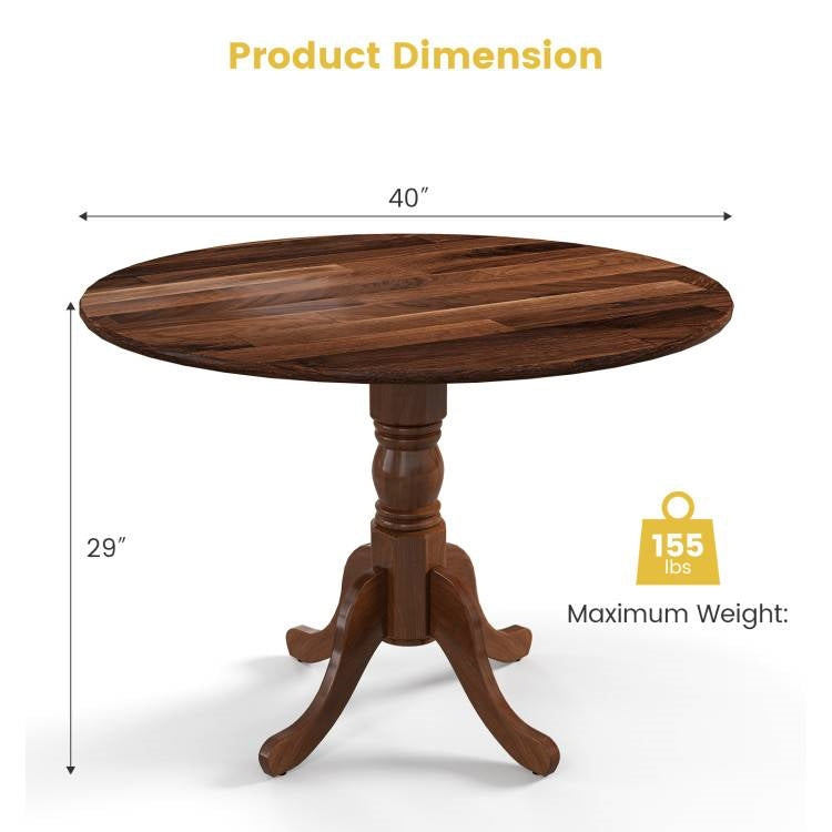 Wooden round table with dimensions and weight capacity on a white background. Round 40-inch Solid Wood Farmhouse Kitchen Dining Table in Medium Brown Finish