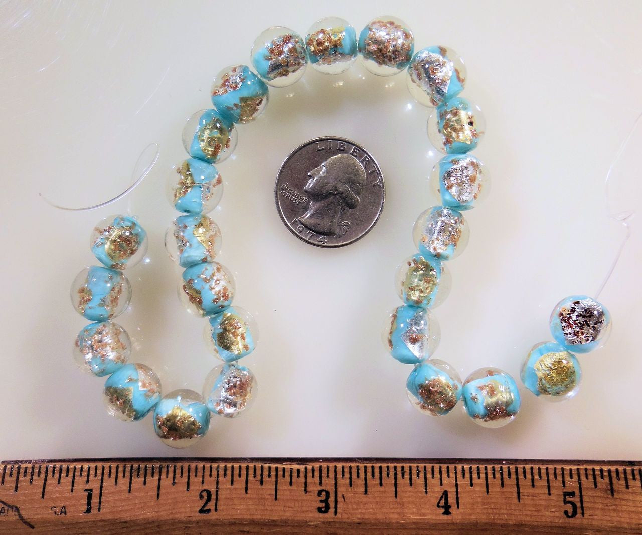 Round Beads- Aqua Murano Glass with gold flakes-3