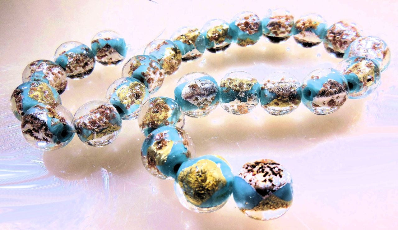 Round Beads- Aqua Murano Glass with gold flakes-0