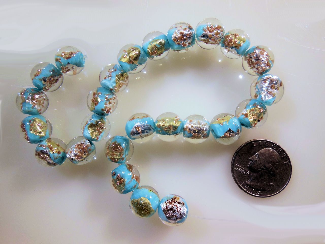 Round Beads- Aqua Murano Glass with gold flakes-2