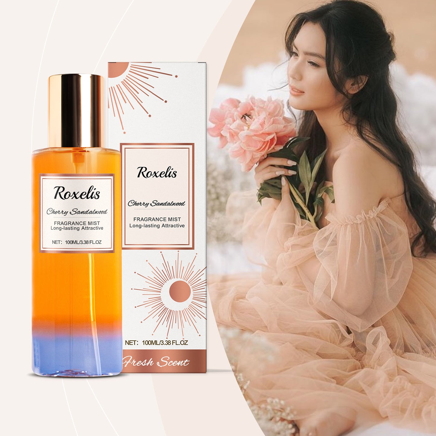 Roxelis Cherry Sandalwood fragrance mist bottle and packaging with romantic floral background, long-lasting body spray, 100ml, elegant women's perfume scent.