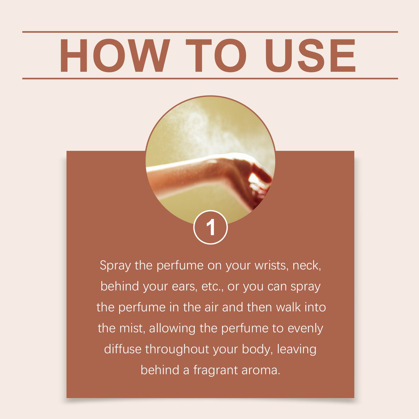 How to use infographic for Roxelis Cherry Sandalwood Romantic Body Fragrance showing wrist perfume application instructions, spray perfume on pulse points, neck and behind ears for long-lasting fragrance.