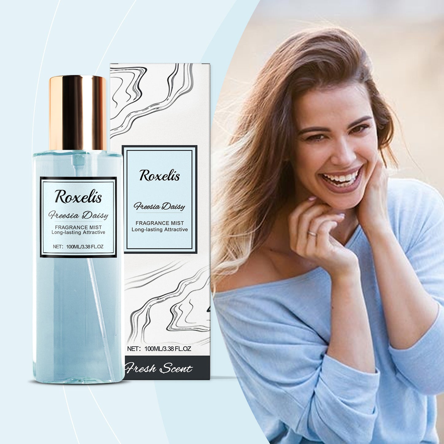 Roxelis Freesia & Daisies Body Fragrance Spray for Women with fresh floral scent, featuring an elegant perfume mist bottle and packaging beside a smiling woman, long-lasting lightweight body mist for everyday wear.