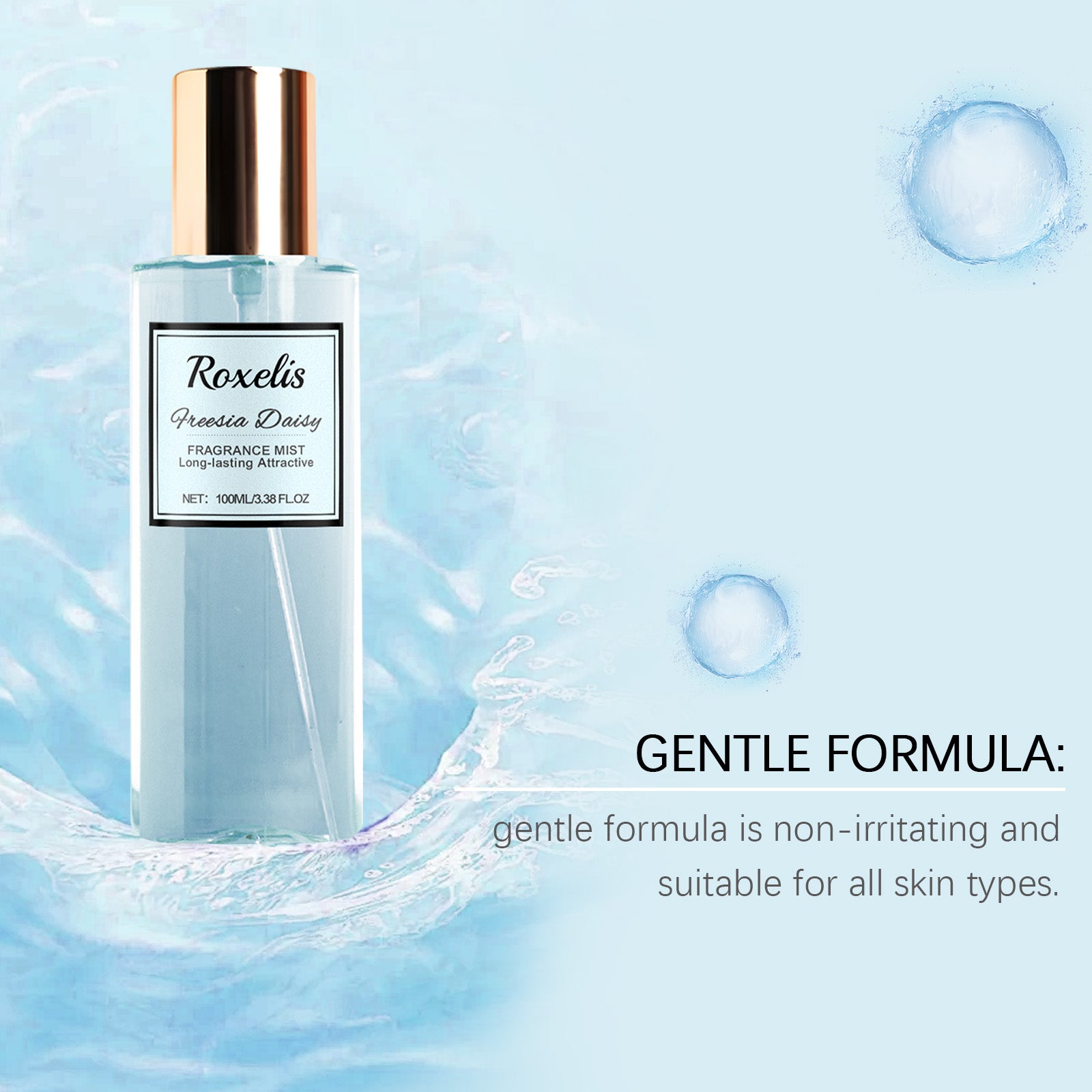 Roxelis Freesia & Daisies body fragrance mist bottle with gentle formula for all skin types on a soft blue water-inspired background.