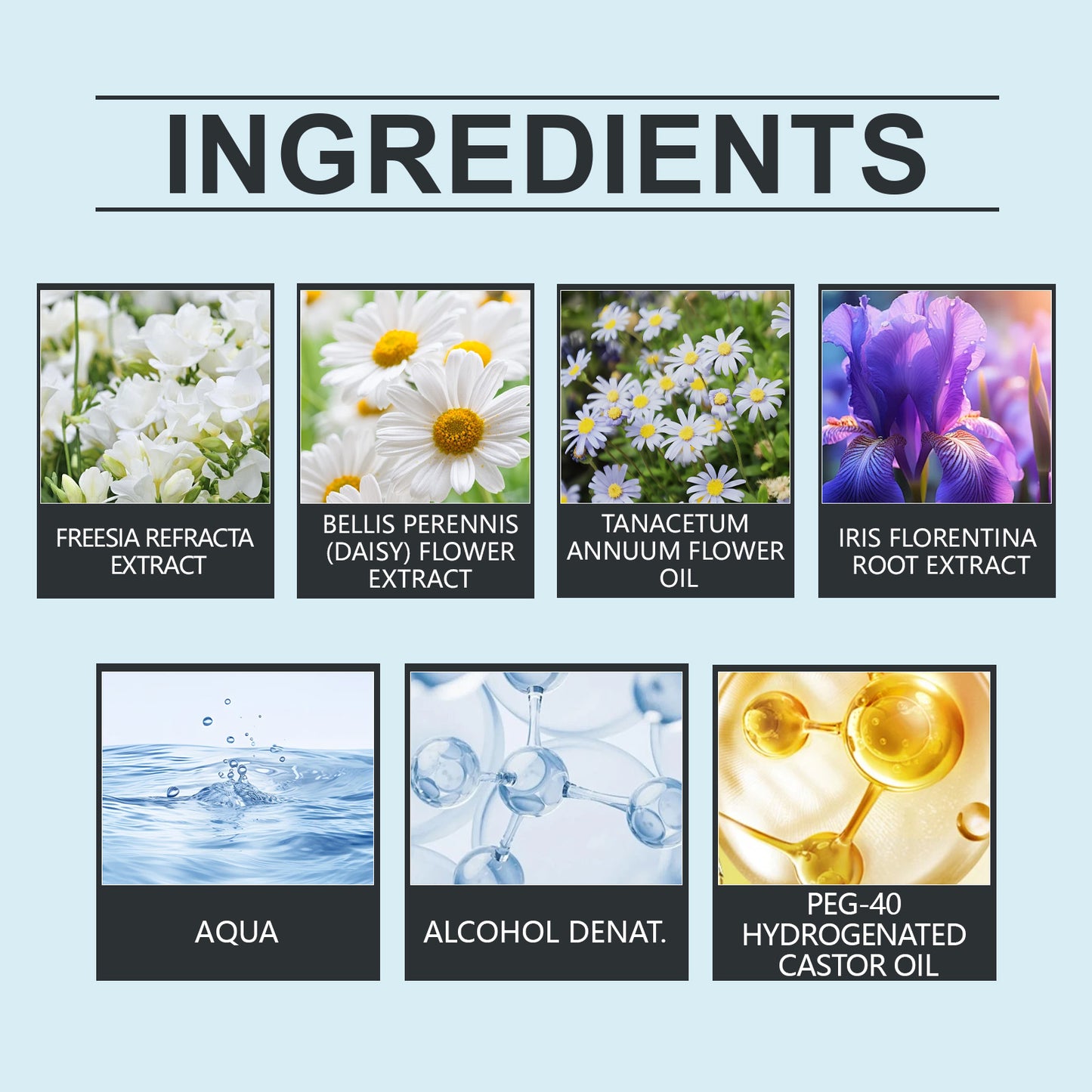 aFreesia, daisy, tansy flower, and iris root extracts with aqua, alcohol denat., and PEG-40 hydrogenated castor oil ingredient infographic for Roxelis Freesia & Daisies Body Fragrance.