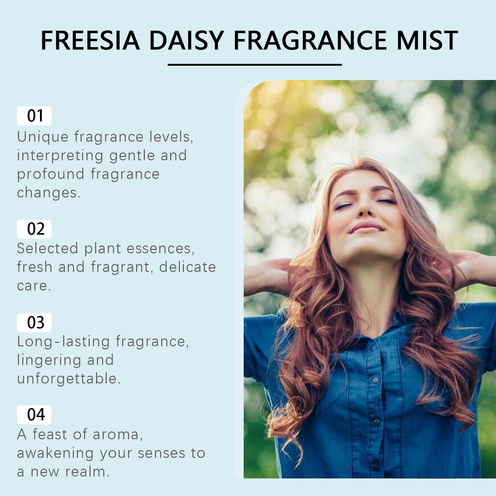 Roxelis Freesia & Daisies Body Fragrance Spray bottle with fresh floral fragrance mist benefits and woman enjoying a light, long-lasting scent.