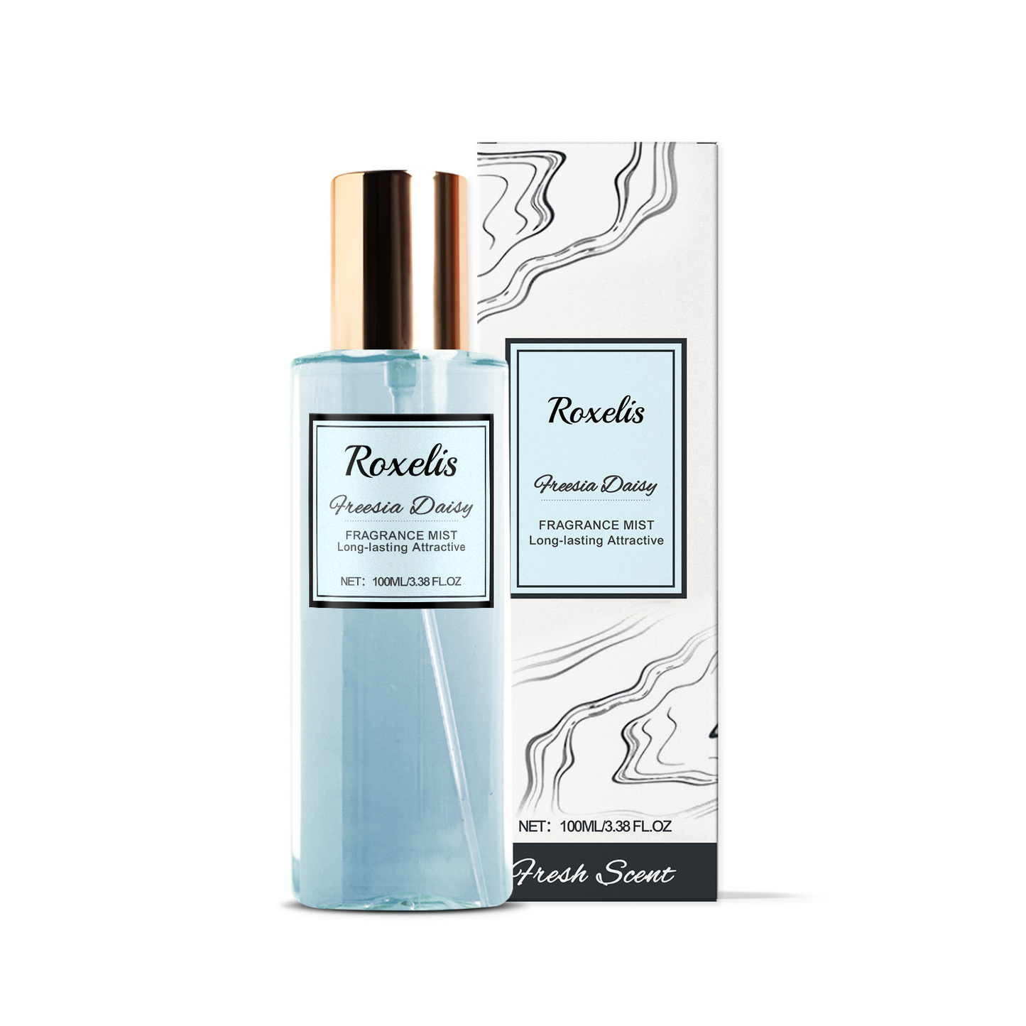 Roxelis Freesia Daisy fragrance mist bottle and packaging on a white background