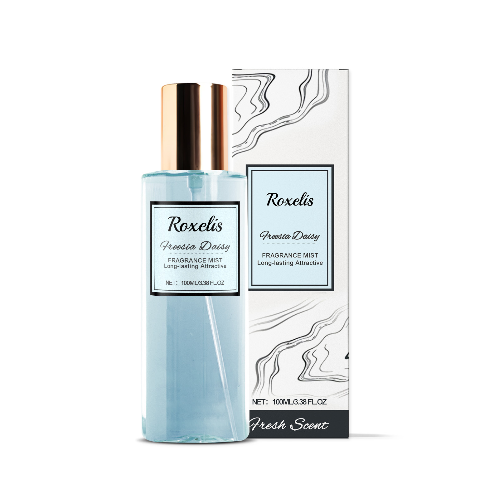 Roxelis Freesia Daisy fragrance mist bottle and packaging on a white background