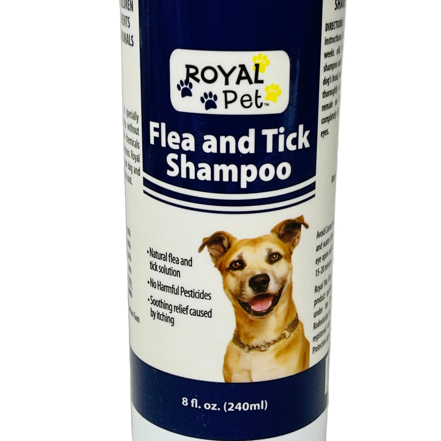 Royal Pet Flea and Tick Shampoo bottle with a dog on the label against a gray background