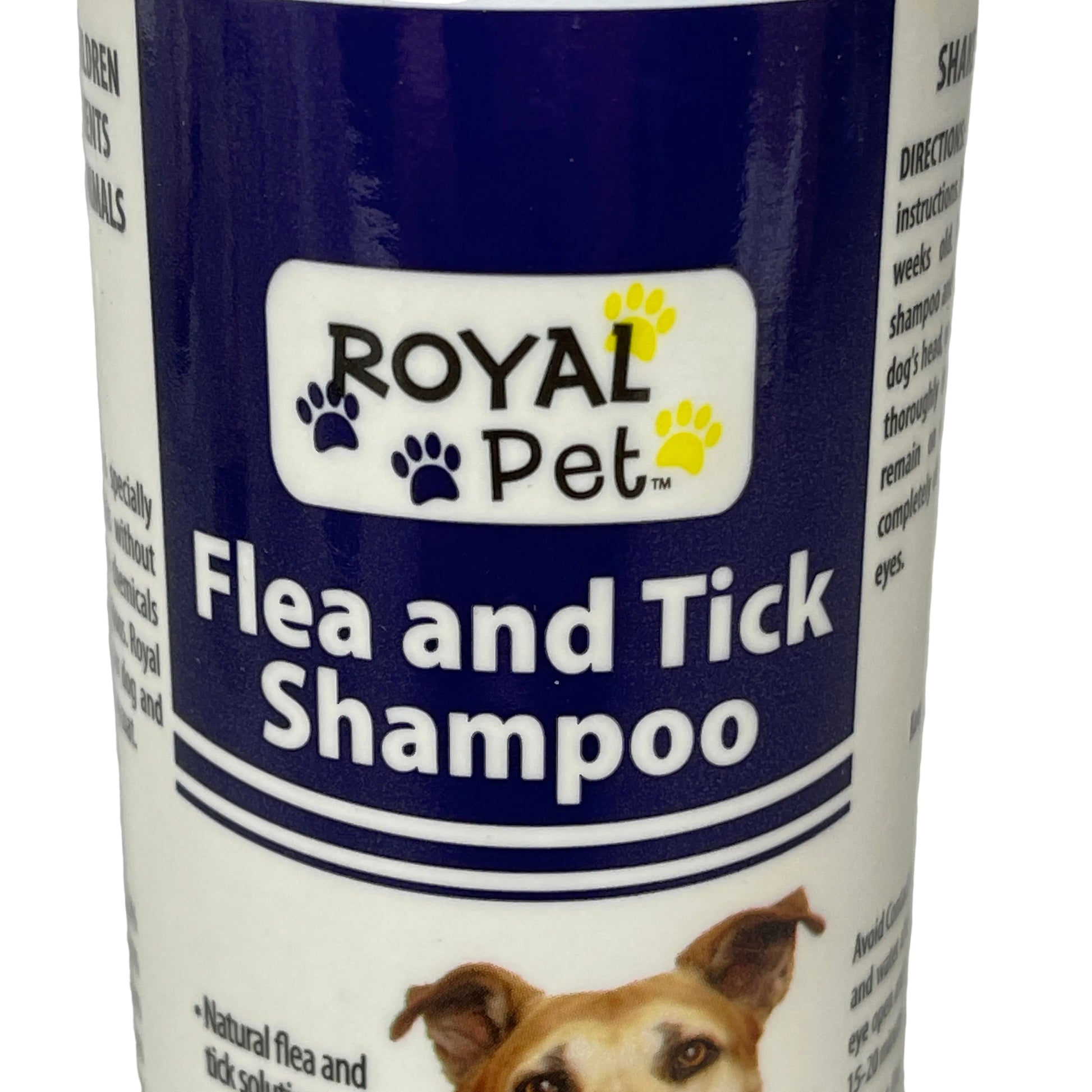 Royal Pet Flea and Tick Shampoo bottle with a dog illustration on a white background