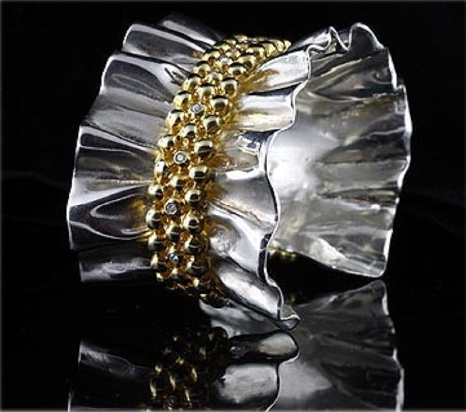 Ruffle Huggie Earrings- Diamonds in 18K Gold Dots set in Sterling Silver-14