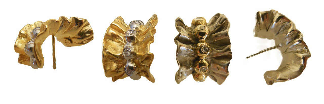 Ruffle Huggie Earrings- Diamonds in 18K Gold Dots set in Sterling Silver-2