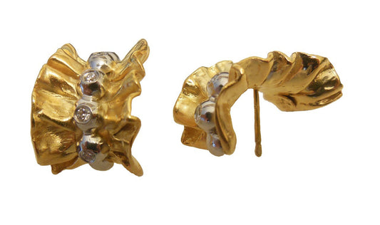 Ruffle Huggie Earrings- Diamonds in 18K Gold Dots set in Sterling Silver-0