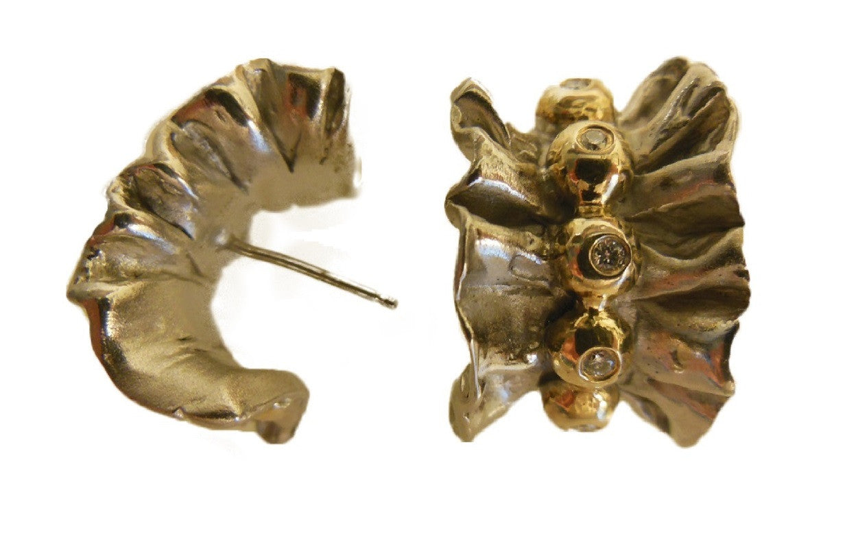 Ruffle Huggie Earrings- Diamonds in 18K Gold Dots set in Sterling Silver-5