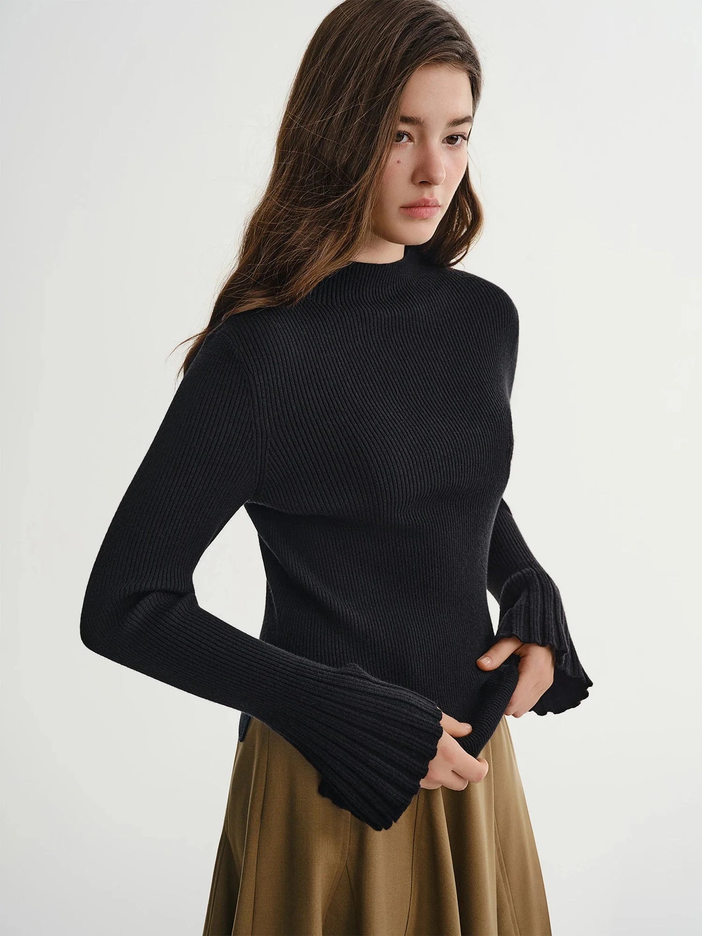 Plus Size Bell Sleeve Knit Sweater Mock Neck Winter Top