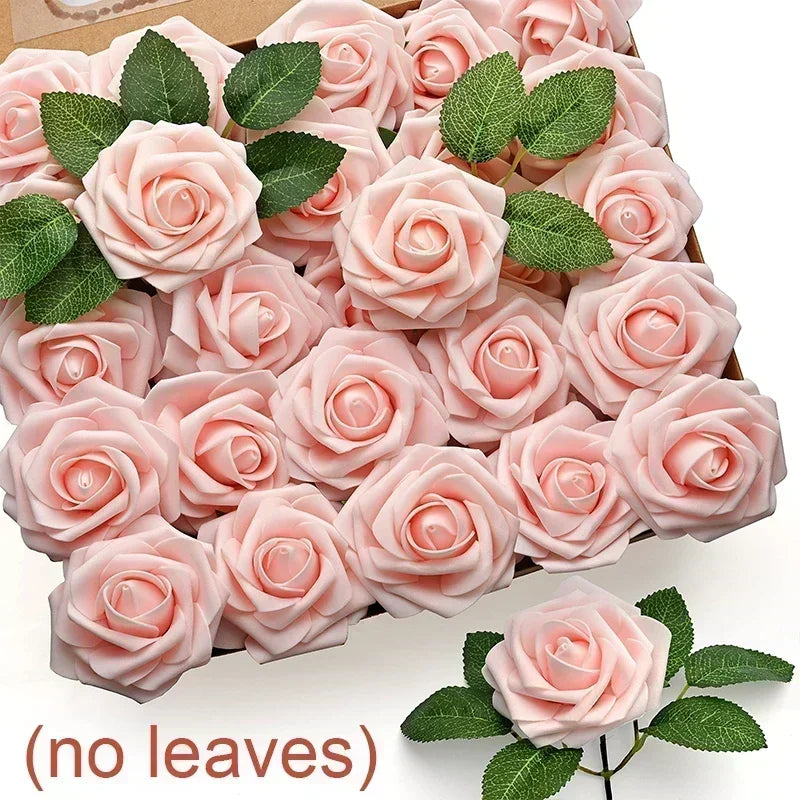 50/5Pcs Artificial Roses Flowers Foam Fake Rose Heads With Stems For DIY Wedding Bouquets Home Party Tables Decorations Supplies