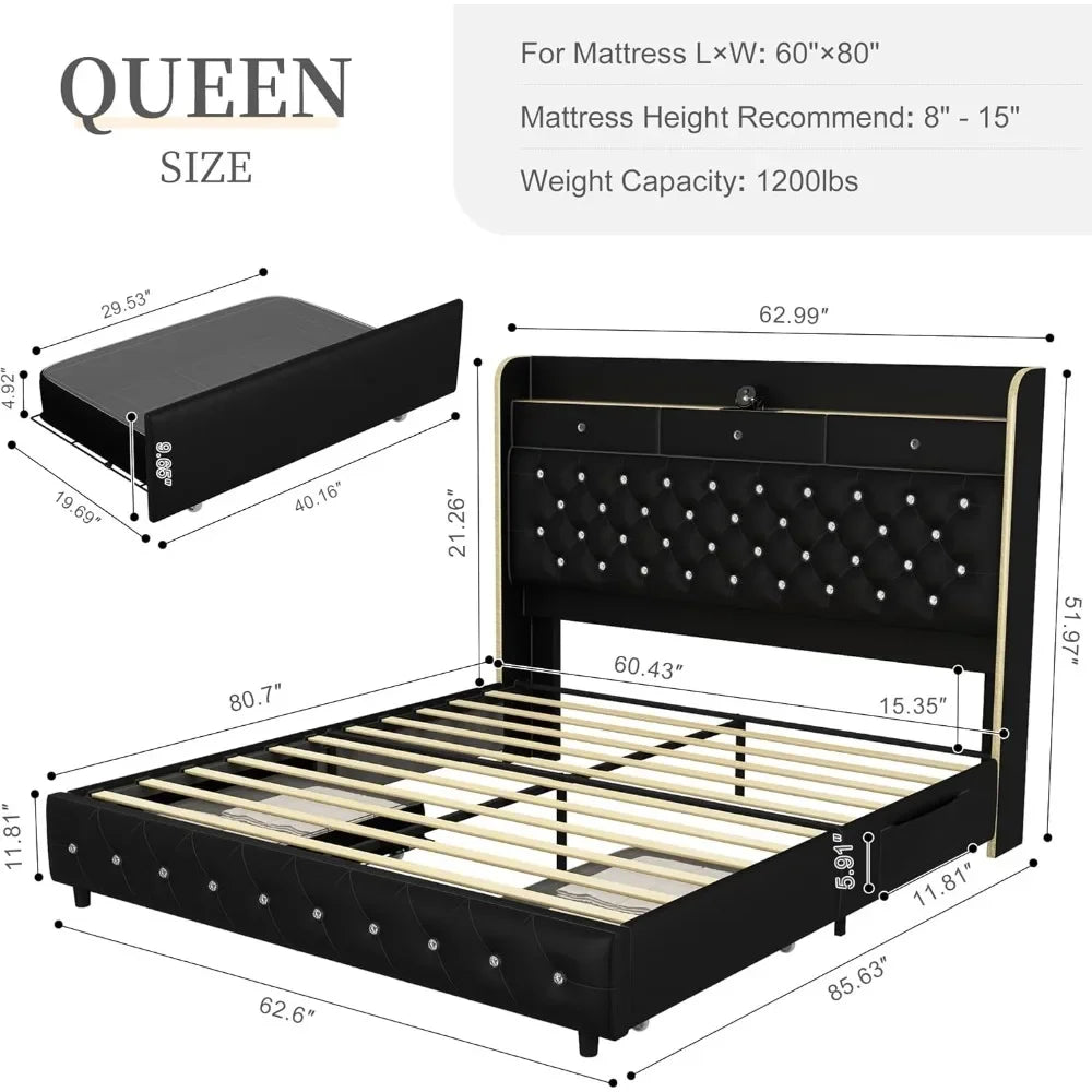 Queen LED Bed Frame with Galaxy Aurora Star Projector Diamond Upholstered Wingback Platform Bed with Charging Station 52 Inch