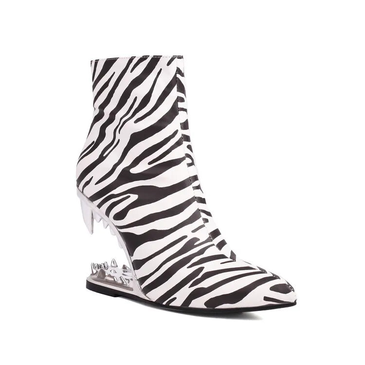 Hollow Out Tiger Tooth Shaped Heel Design Short Boots  New Fashionable Leopard Print Zebra Zippered Women's Ankle Boot Size 46