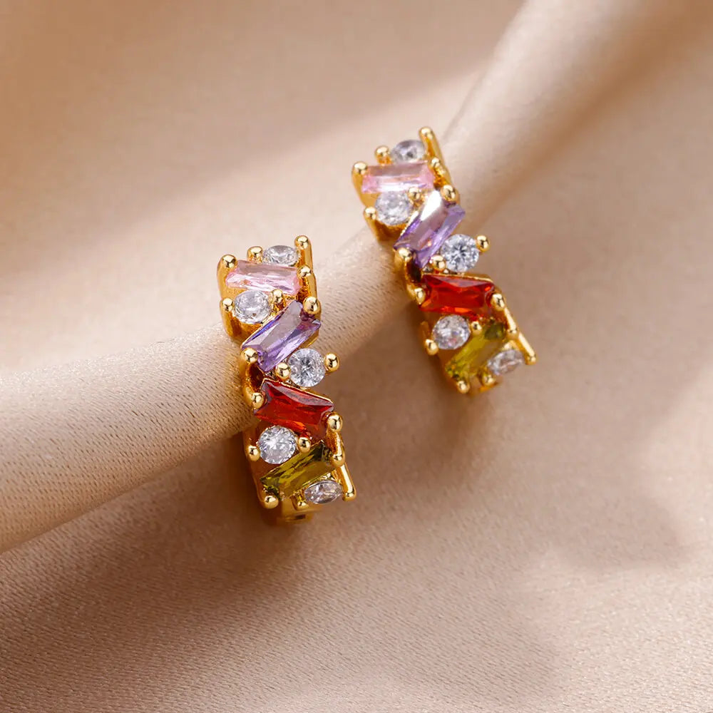 Rainbow Cubic Zirconia Hoop Earrings For Women 2023 Trending Round Gold Plated Stainless Steel Earrings Luxury Jewelry Gifts