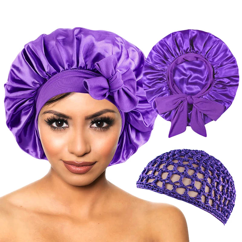 Satin Bonnet Silky Night Sleeping Cap with Stretchy Tie Band - 2pcs