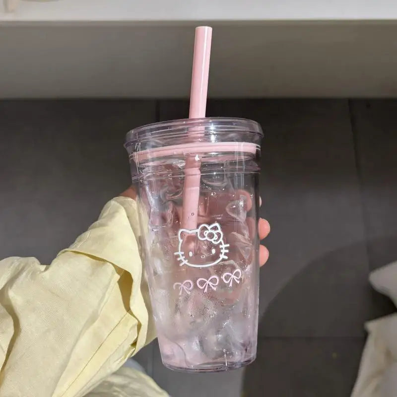 Sanrio Hello Kitty Pink Straw Cup Large-Capacity Transparent Plastic Water Cup Kawaii Plastic Student Portable Cup Birthday Gift