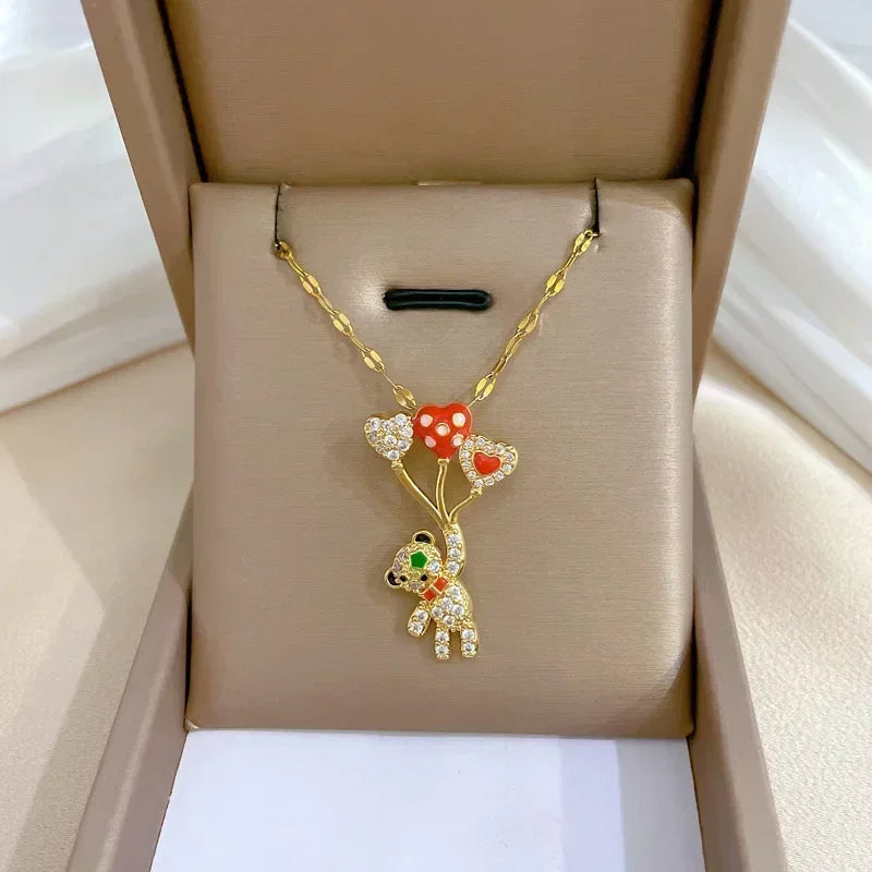 Gold Color Stainless Steel Chain Cute Shiny Zircon Bear Pendant Necklaces for Women Girls Lovely Luxury Jewelry Accessories Gift