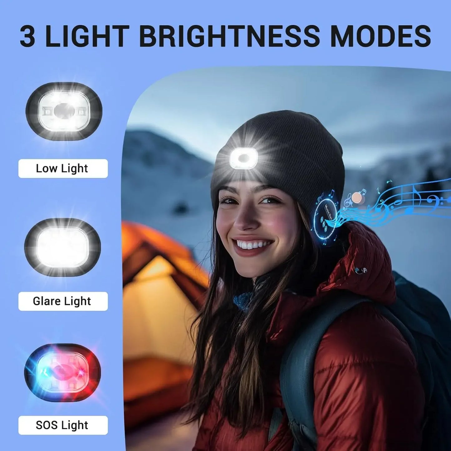 Bluetooth Beanie - Night Run Marathon Night Fishing Bluetooth LED Light Warm Cap USB Rechargeable Music Knitted Cap 3 Gear Light Adjustment Cap