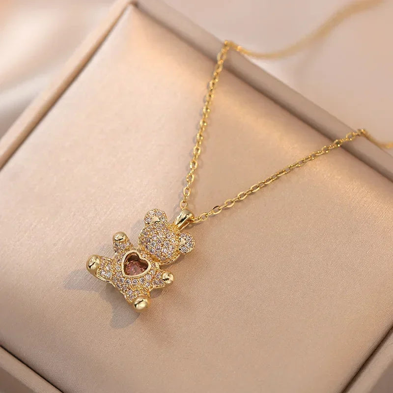 Gold Color Stainless Steel Chain Cute Shiny Zircon Bear Pendant Necklaces for Women Girls Lovely Luxury Jewelry Accessories Gift