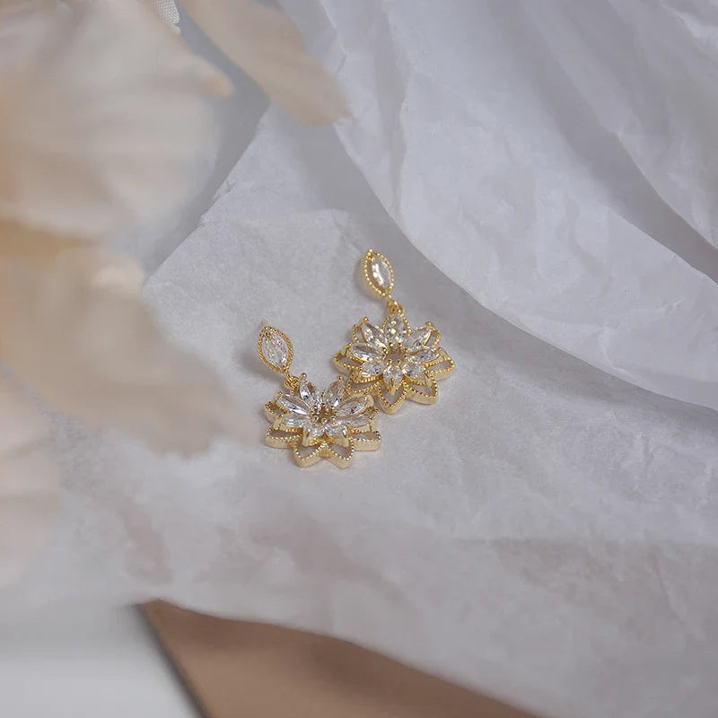 14K Real Gold Dainty Korean Flower Earrings for Women | Bling AAA Zirconia Stud Earrings