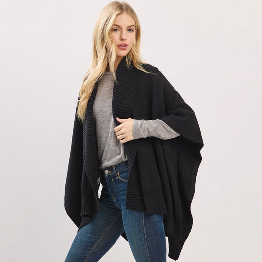 Ribbed Trim Open Front Soft Knit Shawl Cape Poncho