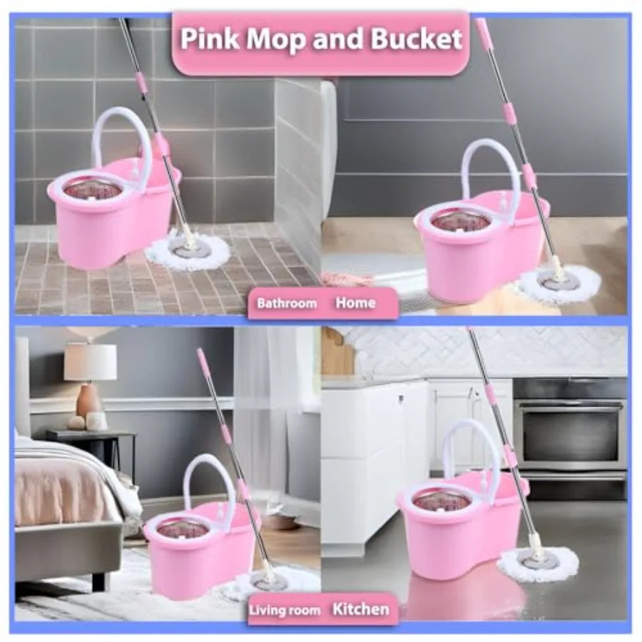 Cute Pink Mop and Bucket Set with 3 Extra Refills Pink
