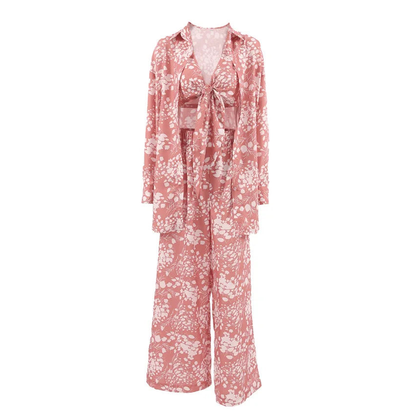 Women’s 3-Piece Floral Pajama Set Autumn Sleepwear & Loungewear