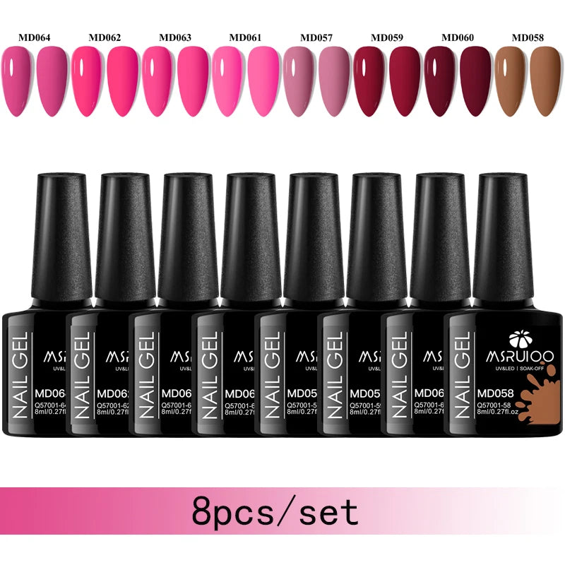 MSRUIOO 8pc Gel Nail Polish Kits Summer Colorful Semi Permanent UV LED Gel Polish Set Glitter Nail Art Varnish Design Manicure