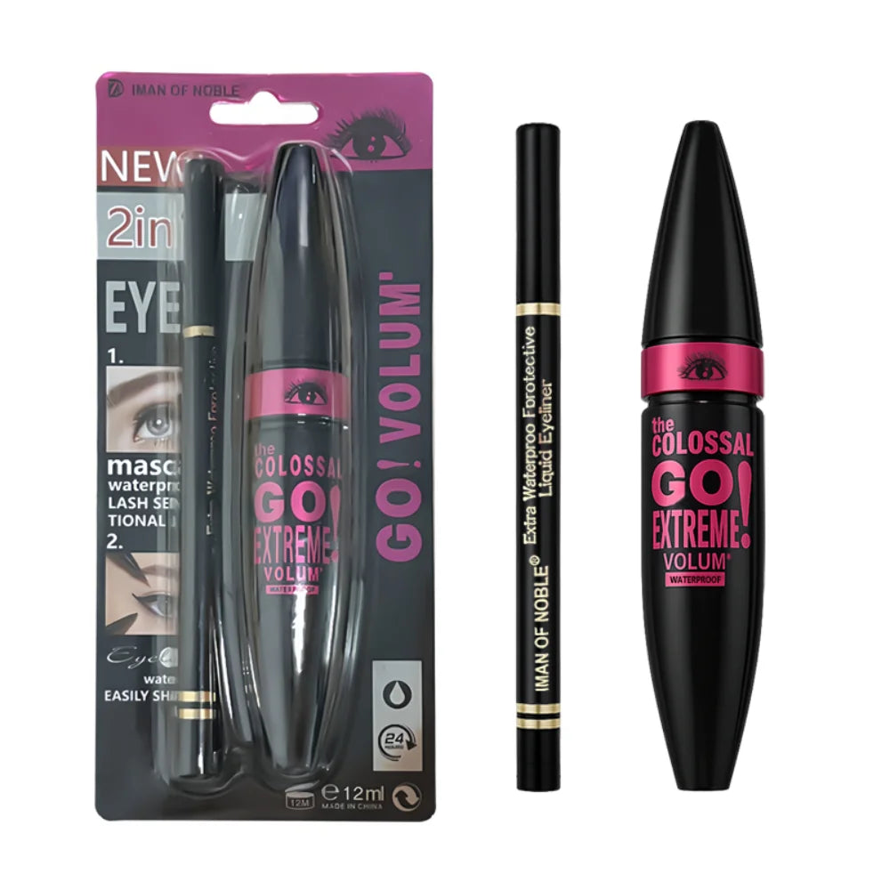 Mascara with Eyeliner Combo Black Slim Drawing Line Smooth Definition Long Lasting Waterproof Eye Makeup 2 Pcs Set