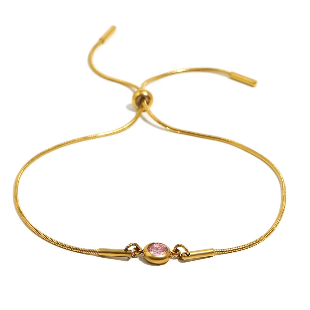 E.B.belle Colorful Round Zircon Birthstone Snake Chain Adjustable Bracelet Chain Gold Plated Stainless Steel Women Chic Jewelry