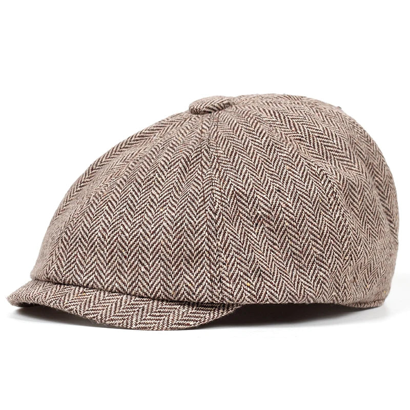 Retro Men’s Newsboy Cap – Classic Herringbone Octagonal Hat, British Style Flat Cap for Autumn & Winter, Vintage Painter Beret
