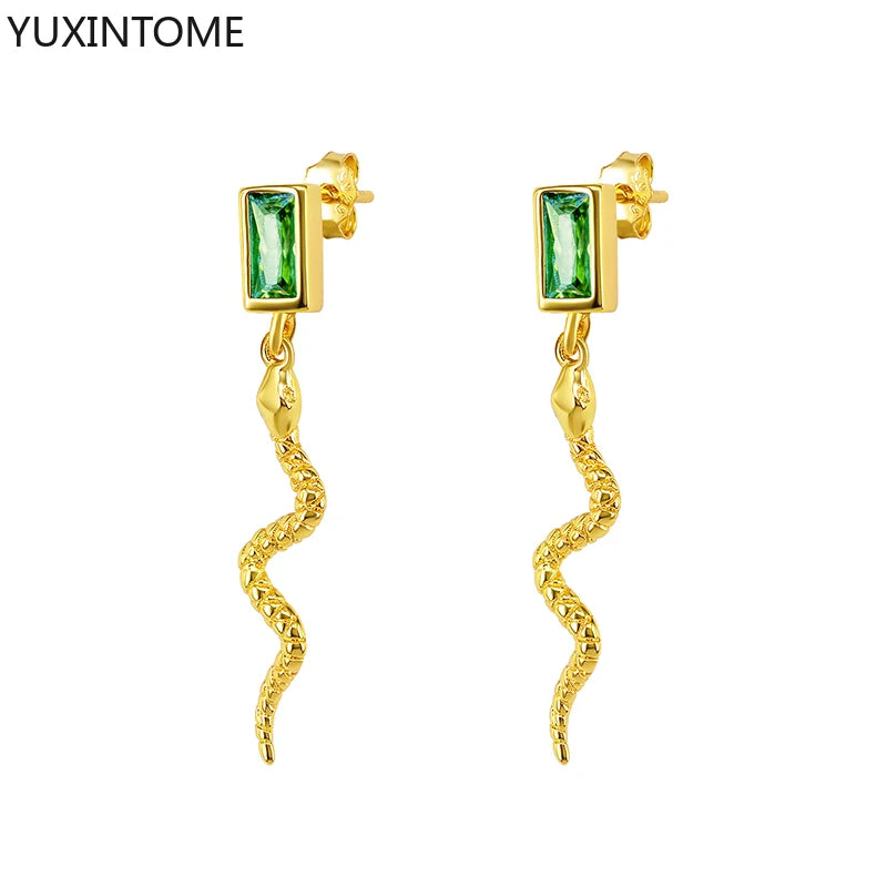 925 Sterling Silver Ear Needle Green Zircon Stud Earrings for Women Luxury Long Chain Geometric Gold Earrings Fashion Jewelry