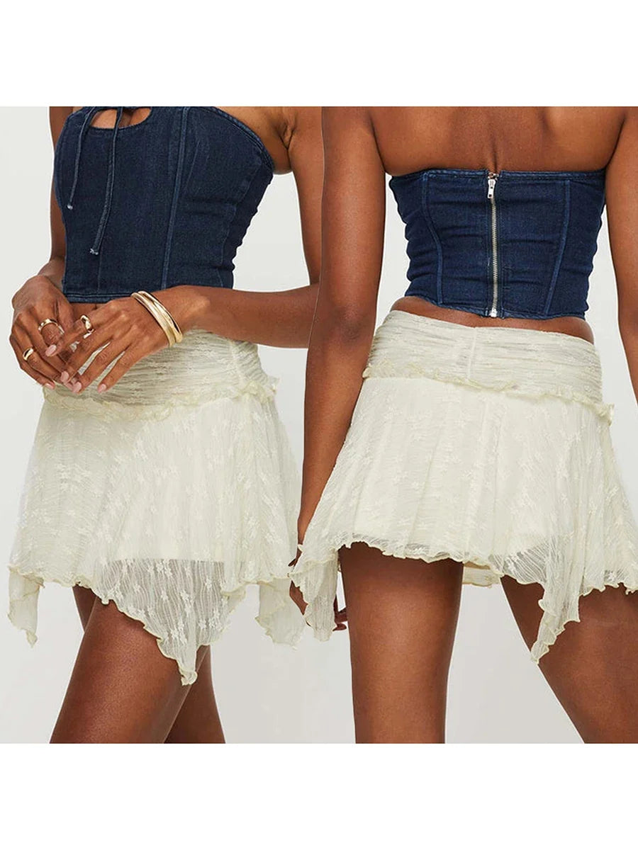 Women's Solid Color Gothic Mini Skirts Lace Ruched High Waist Skirts Spring Summer Irregular Hem Casual Skirts