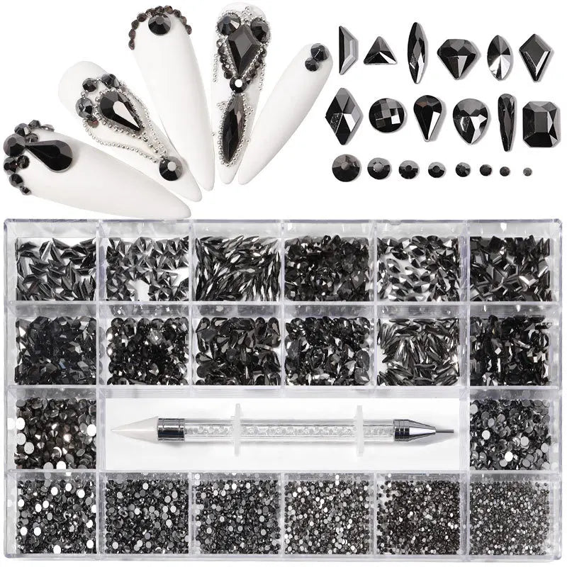2500pcs Glass Crystal Diamond Flat Bottom Rhinestones Nail Art Decorations 21 Grid Box Nails Accessories Set With 1 Pick Up Pen