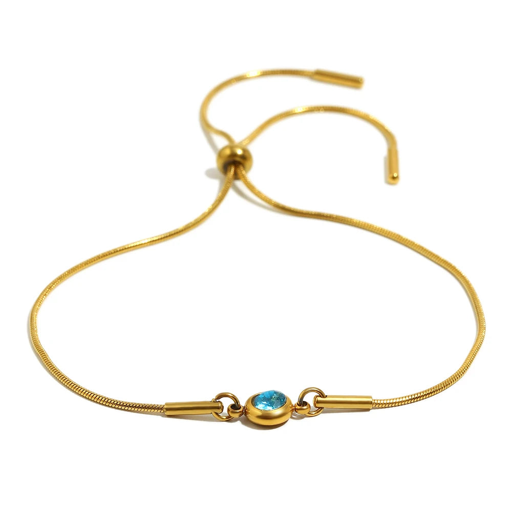 E.B.belle Colorful Round Zircon Birthstone Snake Chain Adjustable Bracelet Chain Gold Plated Stainless Steel Women Chic Jewelry