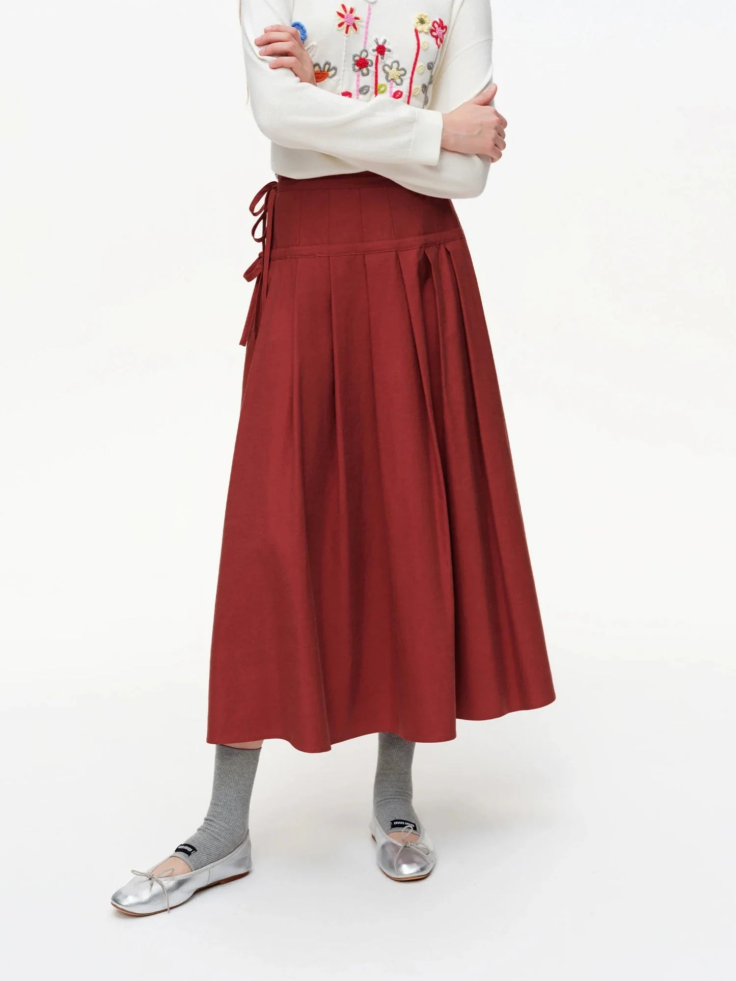 High Waist 3D Pleated Midi Skirt with Side Tie & Ruffles