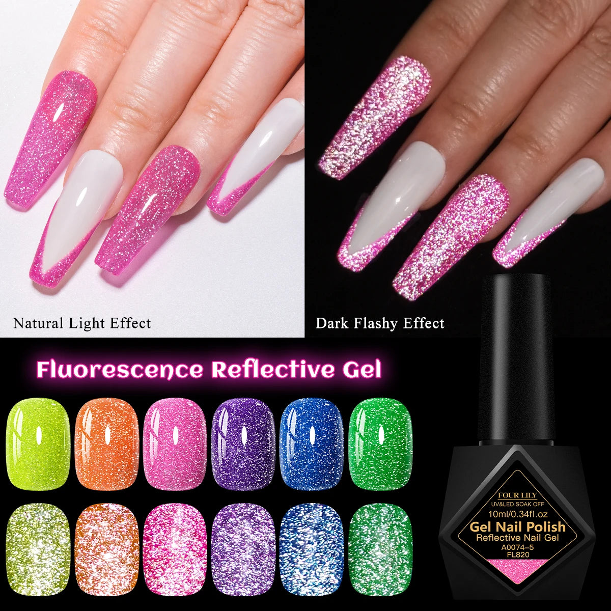 FOUR LILY 10m Pink Fluorescent Reflective Gel Nail Polish Glitter Neon Semi Permanent UV LED Gel Nail Art Varnish Manicure