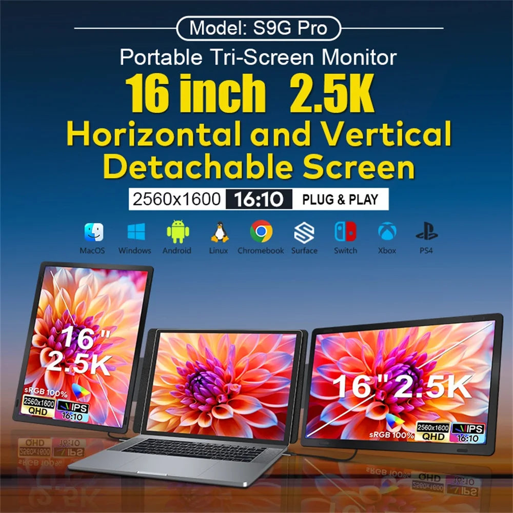 Rospider 16" 2.5K Portable Tri-Screen Monitor for 12-16.5" Laptop, Detachable Triple Screen Extender, 2560x1600 QHD IPS Display