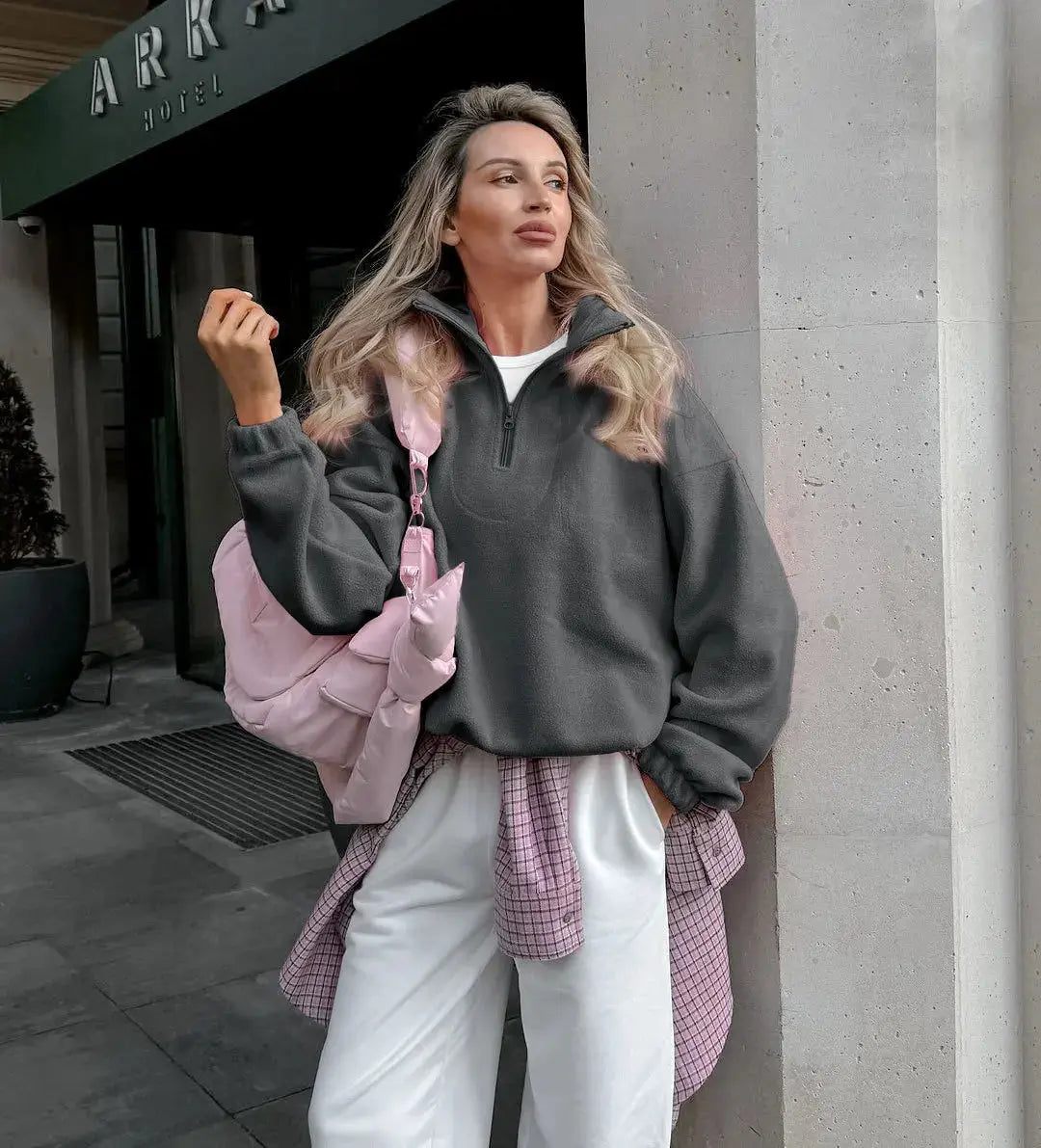 Solid Color Zip-Up Sweatshirt