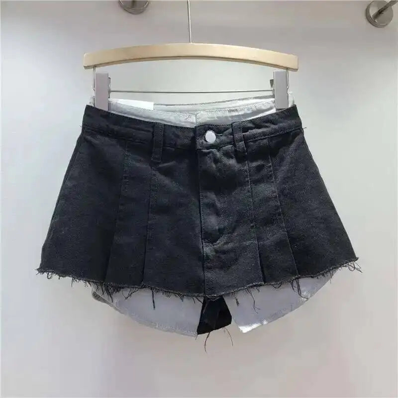 New Fashion Women's Irregular Fake Two-piece A-line Mini Denim Skirts 2026 Autumn Trendy High Waist Skirt Female Fashion XHV4