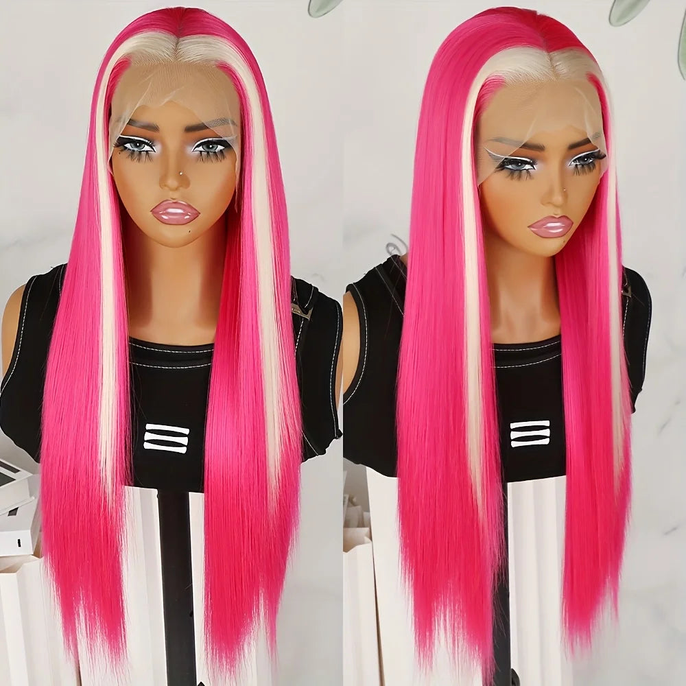Hot Pink Light Blonde Highlights Mixed Color 13x4 Lace Front Wigs Glueless Skunk Stripe Hair Synthetic Long Straight Heat Safe