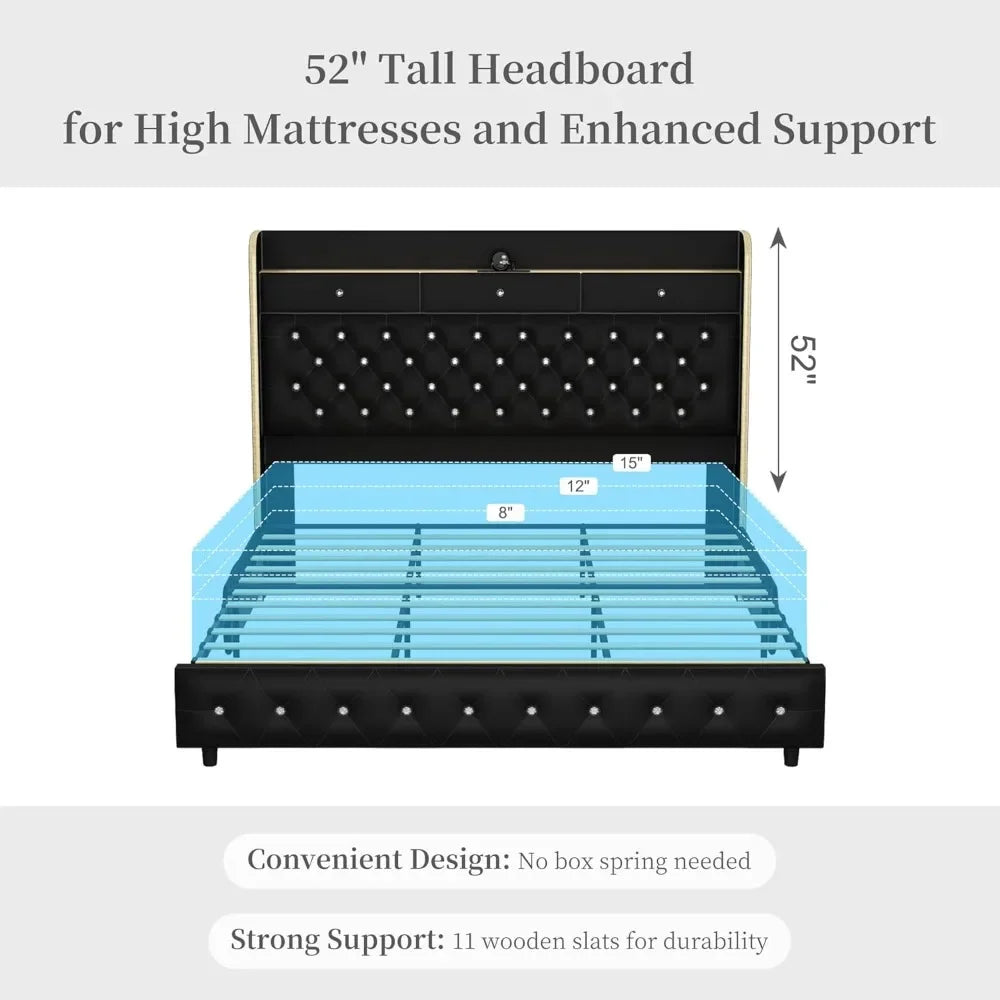 Queen LED Bed Frame with Galaxy Aurora Star Projector Diamond Upholstered Wingback Platform Bed with Charging Station 52 Inch