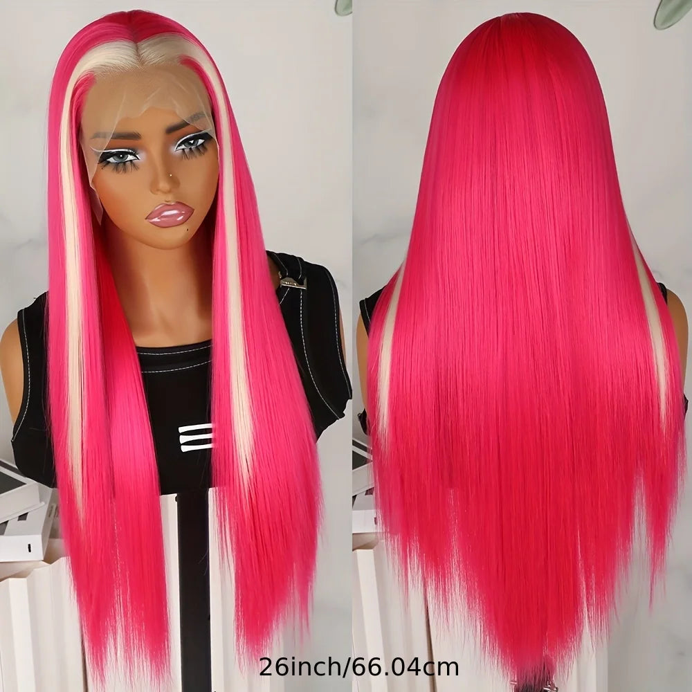 Hot Pink Light Blonde Highlights Mixed Color 13x4 Lace Front Wigs Glueless Skunk Stripe Hair Synthetic Long Straight Heat Safe