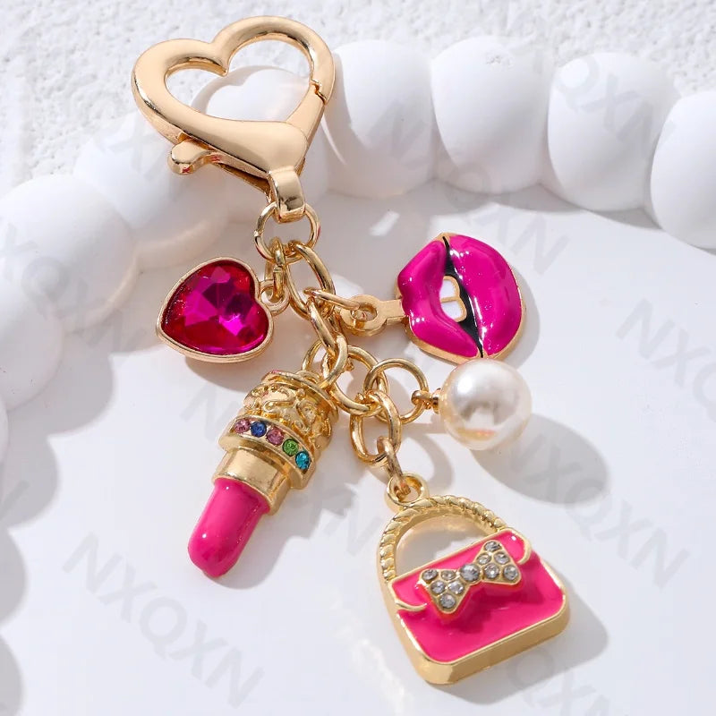 Pretty Rose Red Bag Lips Flamingos Lipstick Enamel Keychain Lovely Heart Animals Key Ring For Women Girls Handmade Jewelry Set